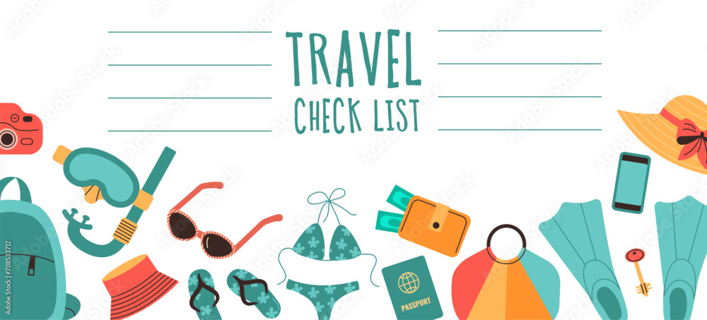 Travel planning, image of notebook, list of things for road, vacation, trip. Flat vector illustration.