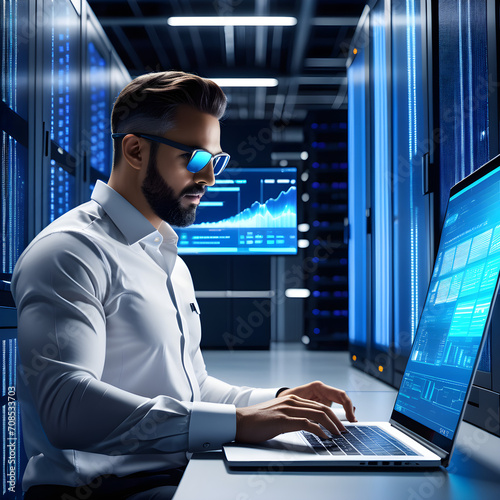 cutting edge vision tech guru in futuristic data center utilizing laptop amidst warehouse