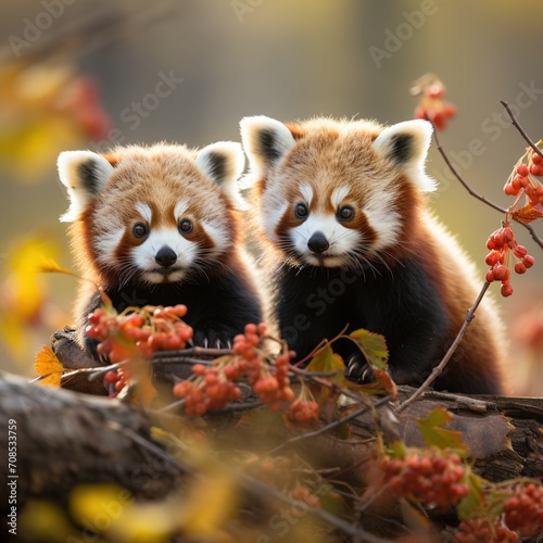 Two red pandas sitting on a branch with red berries