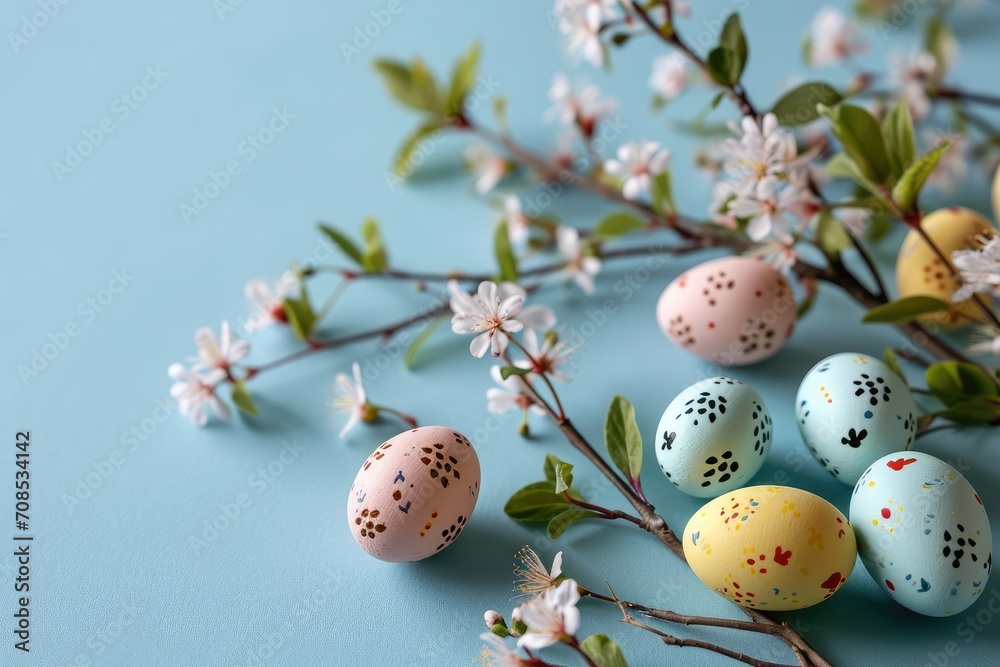 Obraz premium Colorful Speckled Easter Eggs Adorned With Spring Blossoms on a Pastel Blue Background