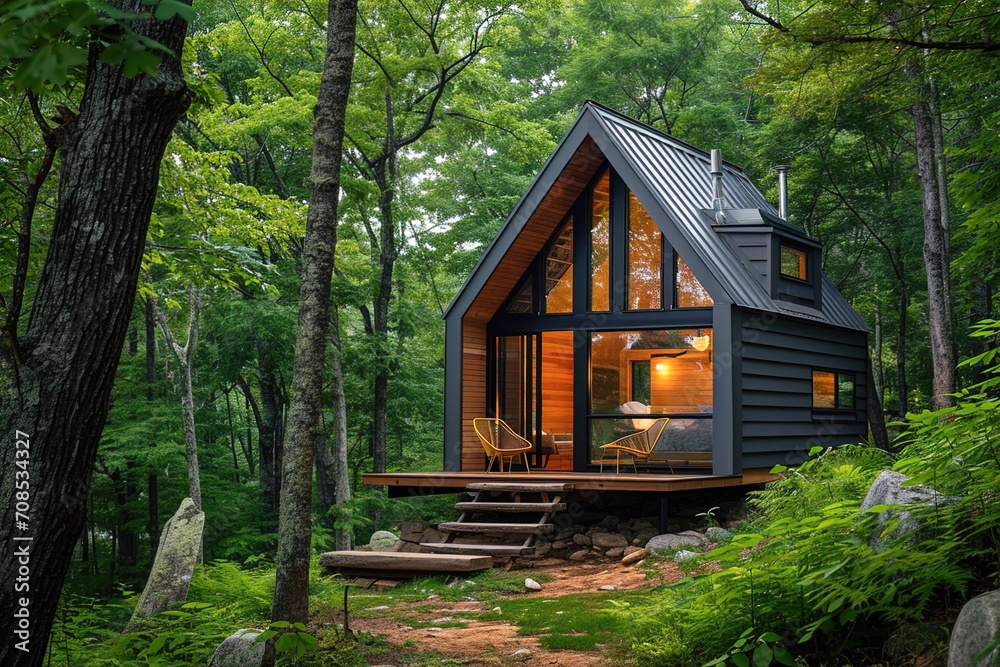 A small off-grid cabin surrounded by nature. A small off-grid cabin surrounded by nature.