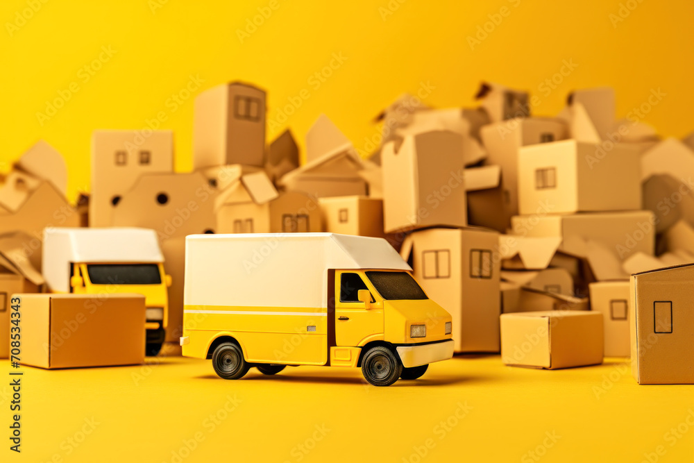 A toy delivery cars with small paper boxes inside and on the roof in bright yellow background. A toy delivery cars with small paper boxes inside and on the roof in bright yellow background.