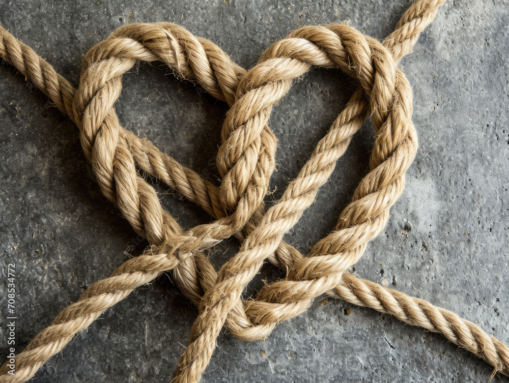 A heart shaped from rope, representing enduring love and connection on a concrete surface.