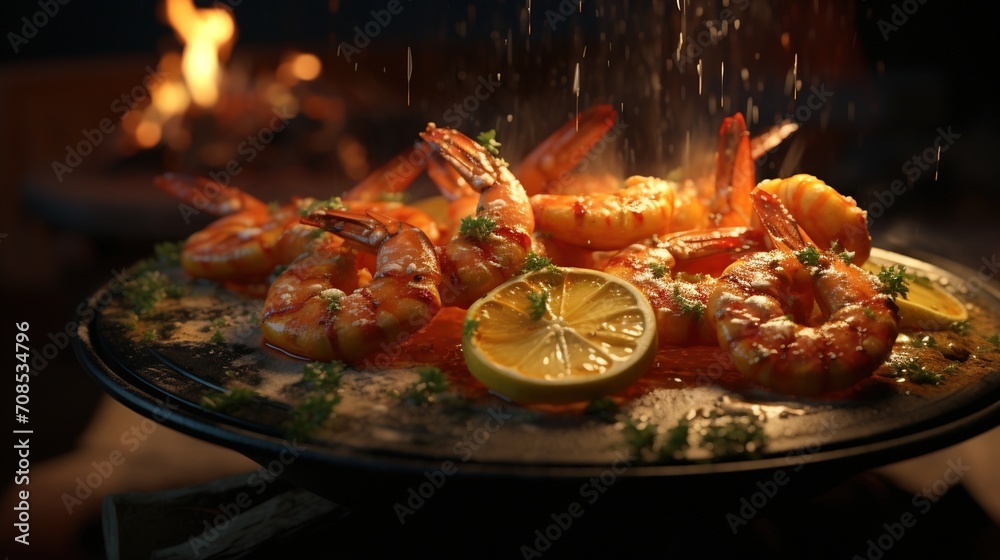 sizzling hot plate of shrimp with lemon