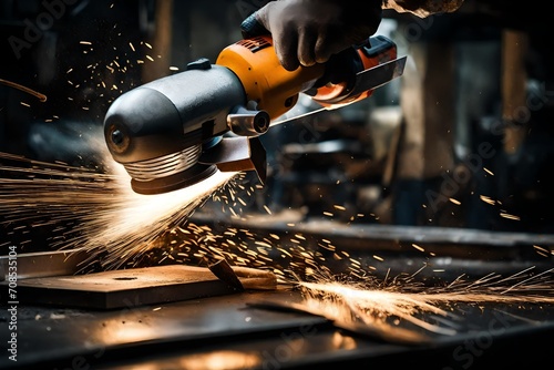A clear image of a heavy-duty angle grinder in action, sparks flying as it cuts through a piece of metal. photo