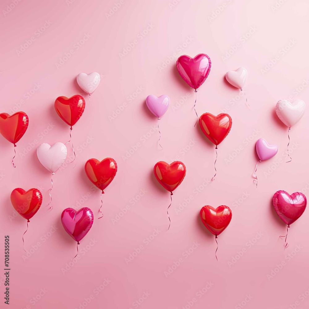 Beautiful flying heart ballons with pink background. Valentines day, Anniversary, love or special day decoration concept.