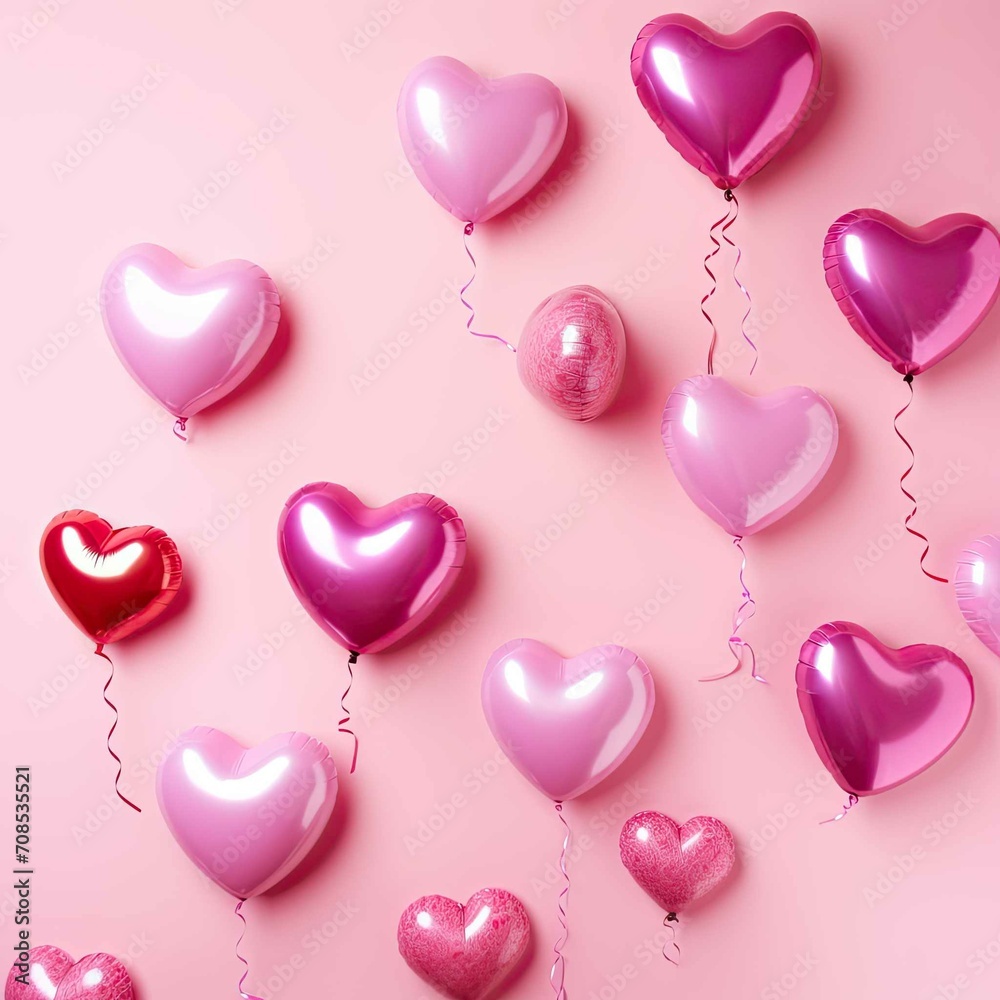 Beautiful flying heart ballons with pink background. Valentines day, Anniversary, love or special day decoration concept.