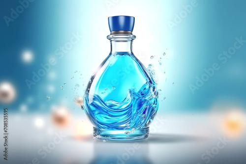 A mock-up of a glass bottle with a blue oval label, splashes and drops of red liquid on a dark table