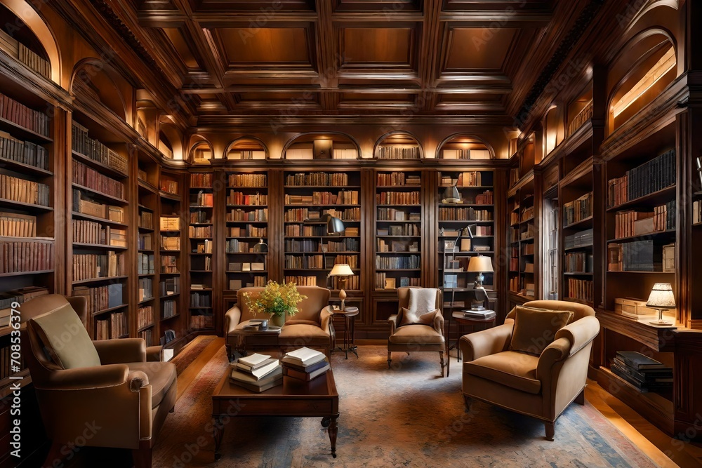 A library with a coffered ceiling and built-in bookshelves, bathed in warm reading lights