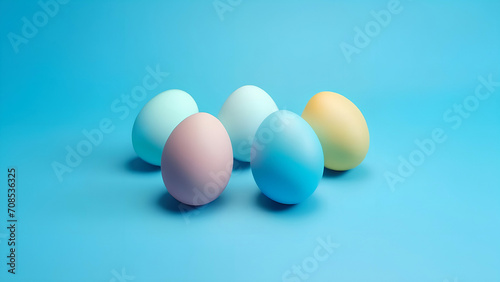 colored Easter eggs, no patterns on a blue background