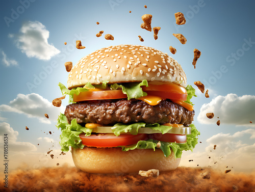 A flying meat burger with sauce coming out of it, isolated on a cloud background. Created with Generative AI.