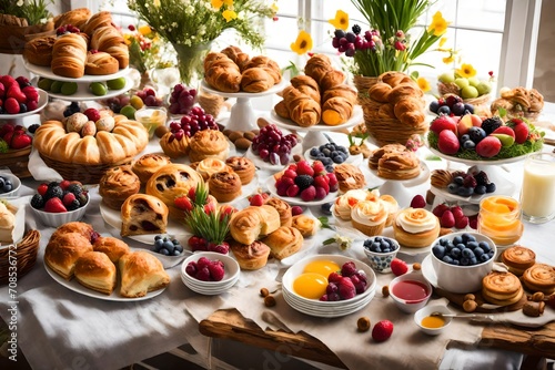 A festive Easter brunch spread featuring a variety of delicious pastries and fresh fruits.