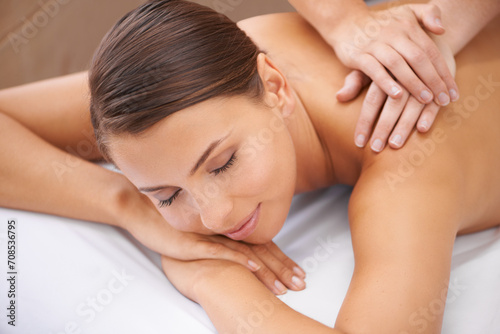 Woman, hands of masseur and back massage at spa, aromatherapy and healing with wellness. Calm, natural and beauty with skincare, body care and health, holistic treatment for zen or stress relief