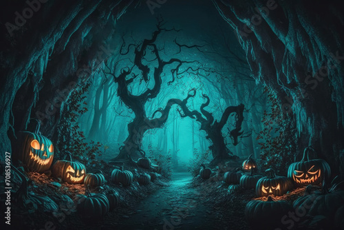 Cartoon illustration with glowing carved pumpkins on the background of roots and branches
