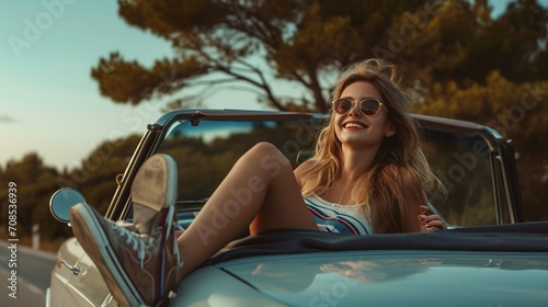  Happy young woman rests and pushes her sneakers out of the convertible to enjoy the view