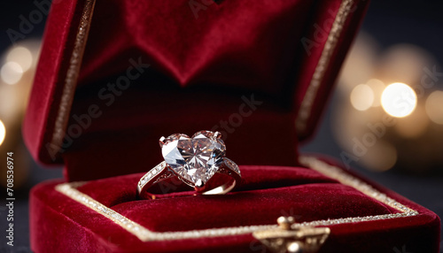 A majestic heart-shaped diamond ring nestled in a luxurious red velvet ring box, with a blurred background of soft golden lights adding a romantic ambiance. 