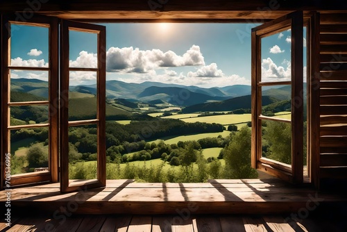 A rustic wooden window overlooking a peaceful countryside landscape.