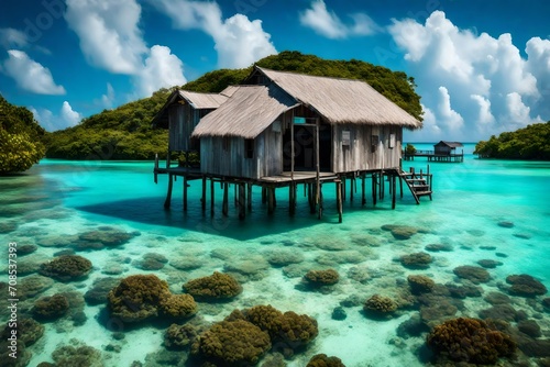 A stilt house on stilts above a turquoise lagoon  with coral reefs visible beneath the clear water.