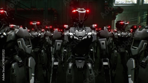 3d rendering of robotics army, industrial group of cyborg machines on factory background. Futuristic AI robotic team, artificial intelligence technology concept.