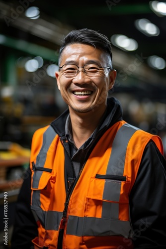 Portrait of a smiling Asian man in an orange safety vest