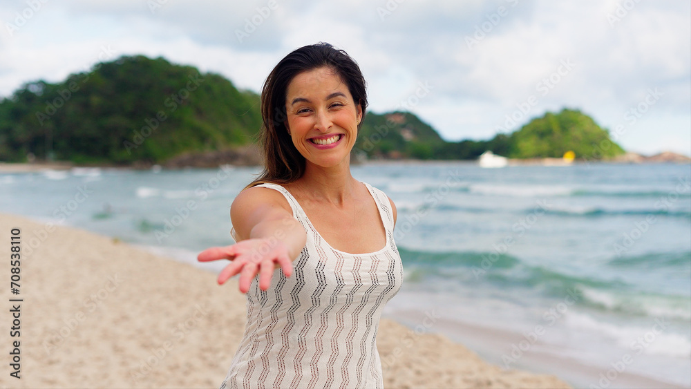 Young cheerful woman runs away turns to camera stretches her hand inviting her boyfriend to the sea. Happy authentic girl running from camera turns around on tropical exotic beach to ocean. POV
Young cheerful woman runs away turns to camera stretches her hand inviting her boyfriend to the sea. Happy authentic girl running from camera turns around on tropical exotic beach to ocean. POV
