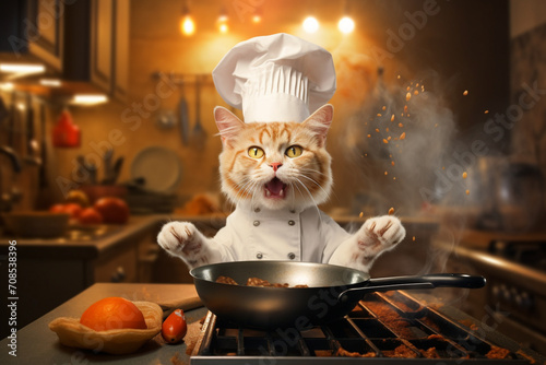 Cat blogger dressed as a chef. The cat looks at the camera and shows how to cook food, blogging concept. AI generated. photo