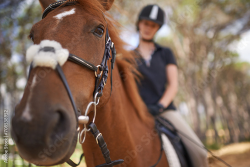 Fototapeta Naklejka Na Ścianę i Meble -  Equestrian, horse and riding closeup in nature on adventure and journey in countryside. Animal, face and rider outdoor with hobby, sport or pet on farm, ranch and girl training on trail in summer