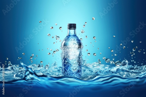 A mockup of a plastic bottle of mineral water with drops on a gradient blue background. Generated by AI. photo