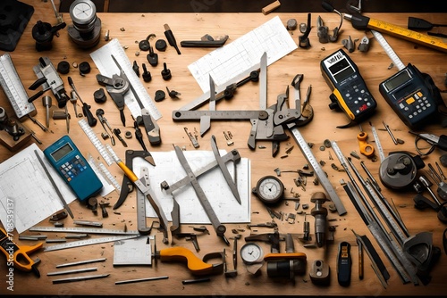 An overhead shot of a well-lit workshop table covered with precision measuring tools like calipers, rulers, and micrometers. photo