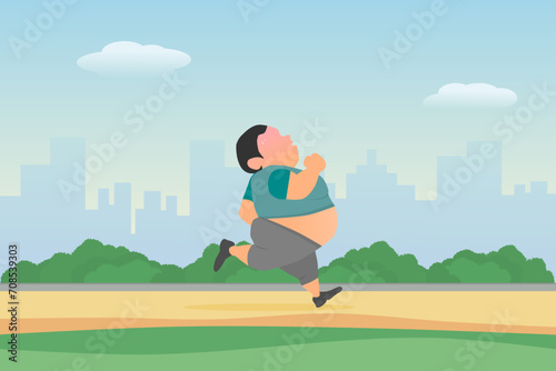 Fat man running in the city park to lose weight. Vector illustration. photo