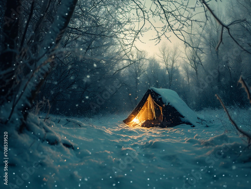 A tent in the winter forest at night with a garland.