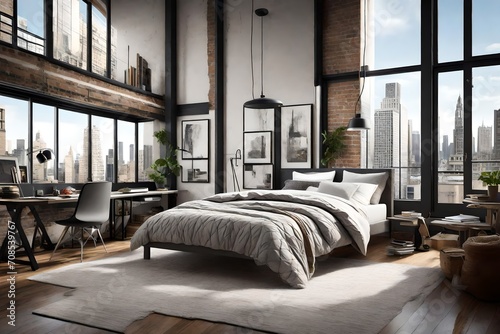 A loft apartment with city views, showcasing a bed dressed in urban-chic sheets. © pick pix