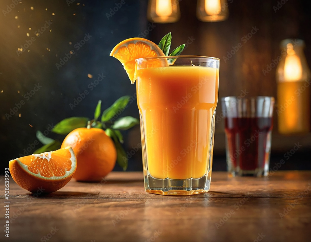 Orange juice in the morning kitchen, soft light, cinematic picture Orange juice in the morning kitchen, soft light, cinematic picture