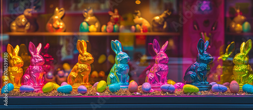 The pastry shop window is decorated for Easter with multi-colored bunnies and Easter eggs. photo