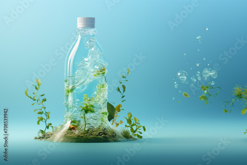 Plastic bottle with green plants and bubbles on blue background. Ecology concept