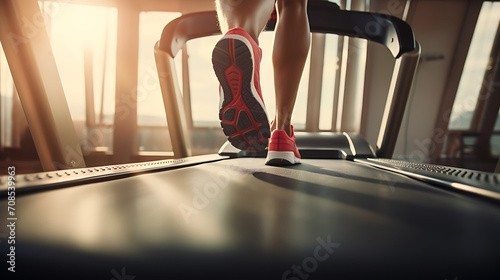 Runner running on treadmill in fitness club, photo of legs down, close up