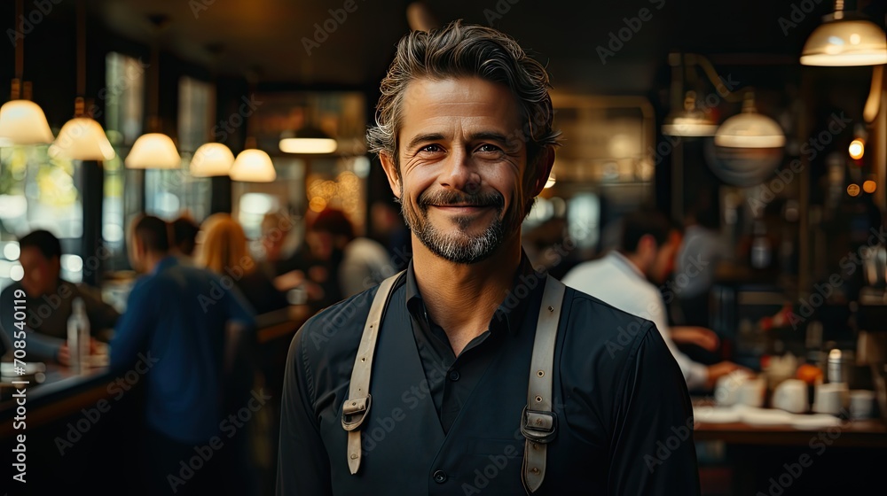 portrait of waiter smiling on tablet in restaurant, cafe or coffee shop for motivation, success or goal mindset. Happy employee, worker or technology startup for growth, management or trust - obrazy, fototapety, plakaty 