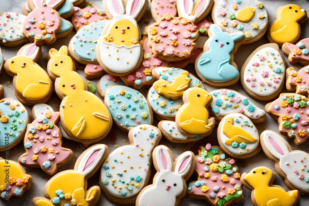 A close-up of a stack of beautifully decorated Easter cookies in the shape of spring animals.