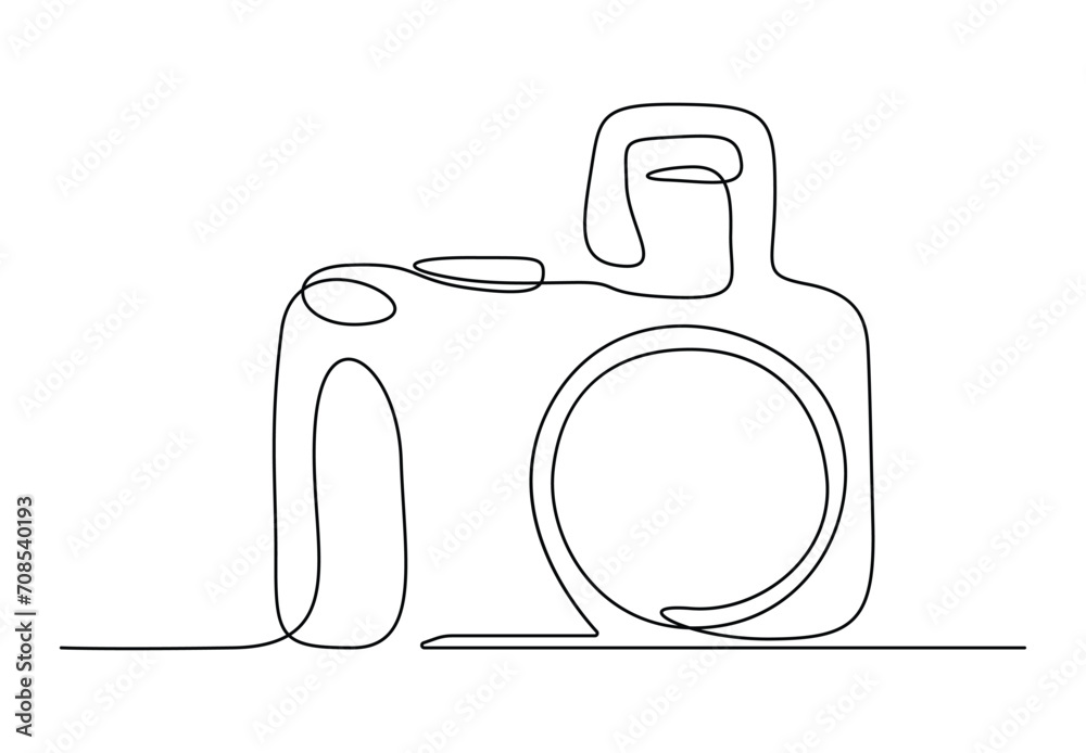 Obraz premium Digital camera continuous one line drawing. Isolated on white background vector illustration. Premium vector.