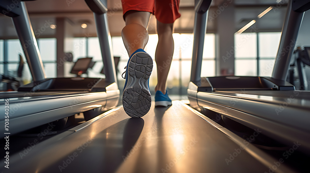 Runner running on treadmill in fitness club, photo of legs down, close up Runner running on treadmill in fitness club, photo of legs down, close up