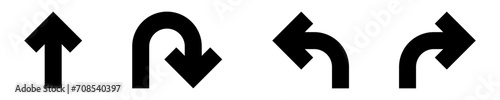 Go Straight This Way One Way Only U Turn Left and Right Black Arrow Sign Direction Icon Set. Vector Image.