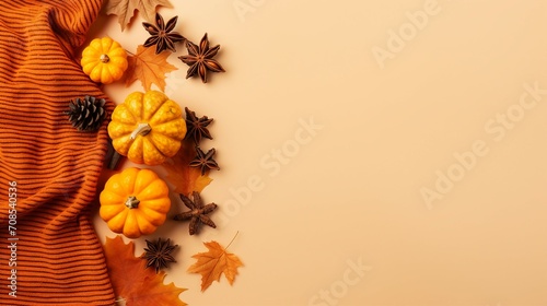 Capturing the Warmth of Autumn  Cozy Still Life with Mini Pumpkins  Golden Leaves  and Cinnamon Sticks on an Orange Backdrop
