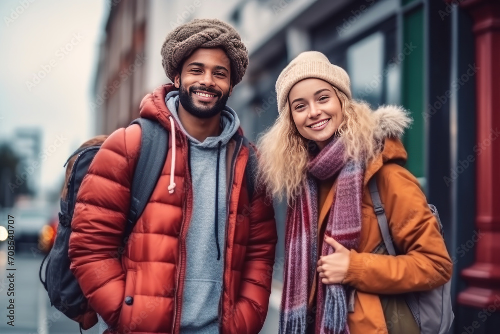 Cute friends of different races in warm jackets and hats smile on street. Young couple of travelers with backpacks outdoors. Generated by AI.