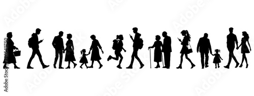 vector illustration. silhouettes of people walking along the street. Large set of characters of different ages.