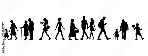 vector illustration. silhouettes of people walking along the street. Large set of characters of different ages.