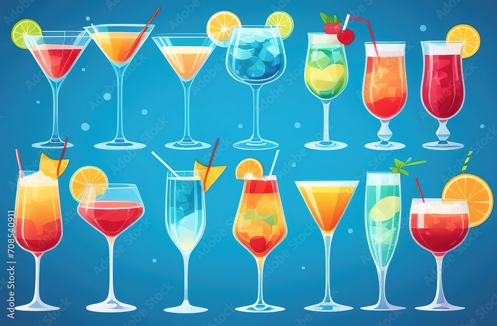 Set of cocktails, alcoholic and non-alcoholic, summer drinks with lemon, orange, lime and mint ice cubes. Classical drinks in different types of glasses. Set of cocktails, alcoholic and non-alcoholic, summer drinks with lemon, orange, lime and mint ice cubes. Classical drinks in different types of glasses.