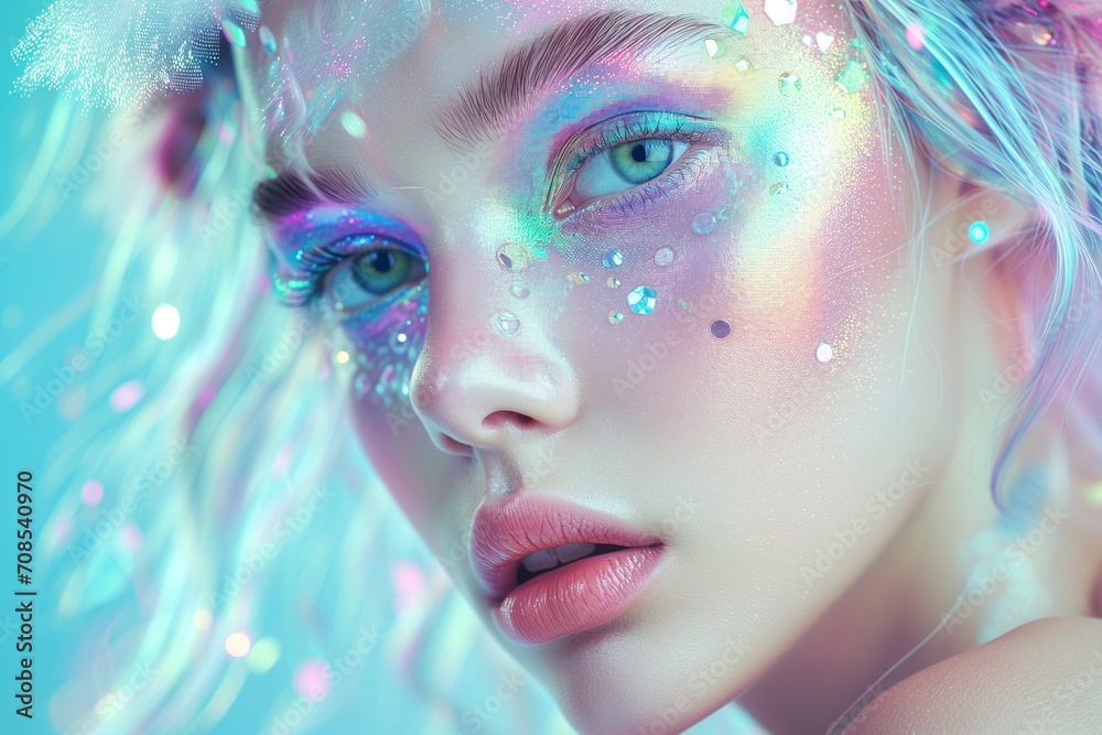 Close up view of young woman with exquisite makeup, face is covered with glitter and sparkles