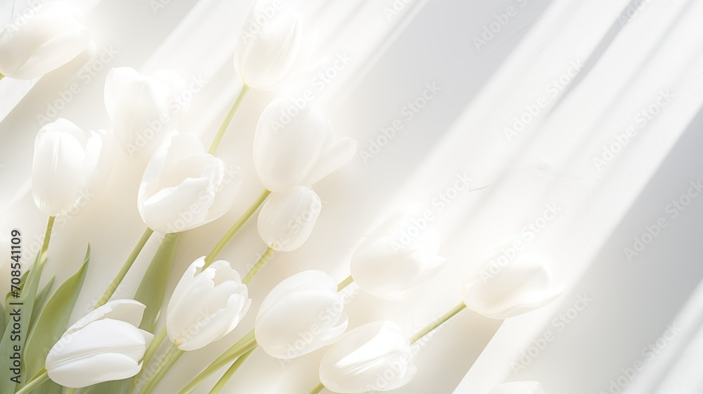 White tulips on a white background, sunny spring light background with flowers.
