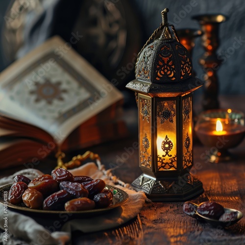 Traditional Ramadan Evening With Illuminated Lantern and Dates Near an Open Quran