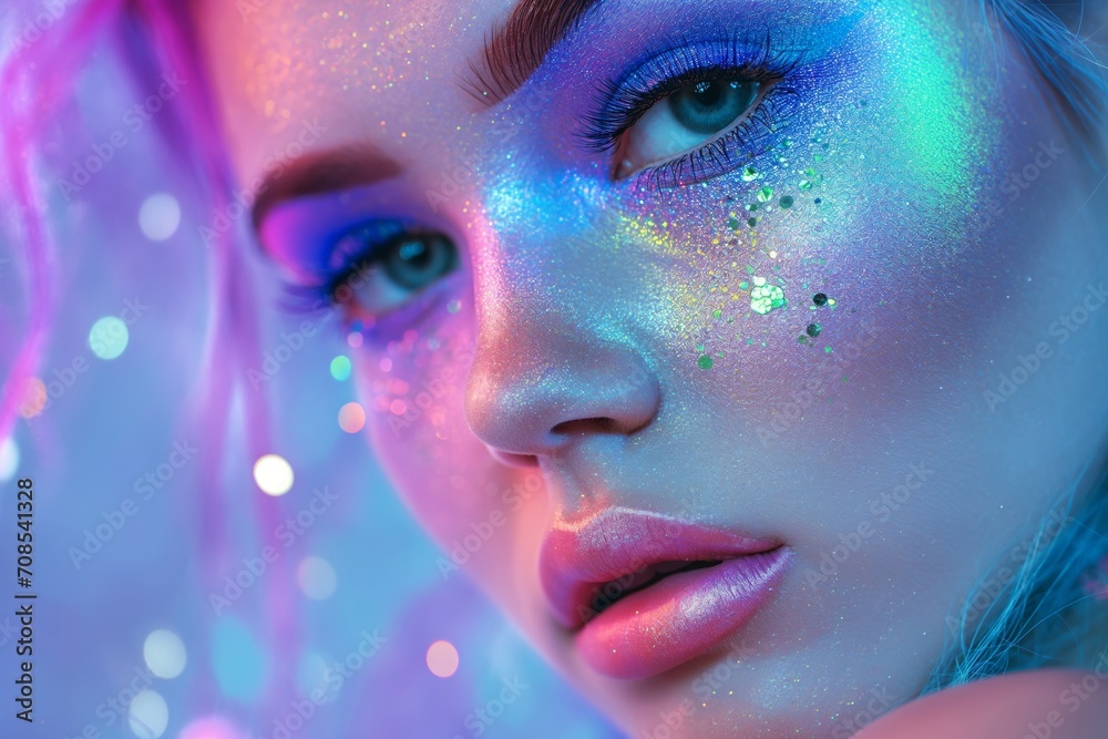 Close up view of young woman with exquisite makeup, face is covered with glitter and sparkles Close up view of young woman with exquisite makeup, face is covered with glitter and sparkles
